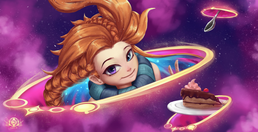 1girl absurdres artist_logo artist_name bangs bare_shoulders blue_eyes braid brown_hair closed_mouth food geus_(just_geus) highres league_of_legends long_hair looking_at_viewer pink_background plate portal_(object) purple_background shiny shiny_hair smile solo space spoon violet_eyes zoe_(league_of_legends)