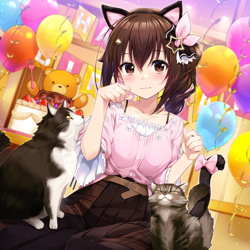 1girl :3 amagai_tarou animal_ears animal_on_lap ankimo_(tokino_sora) balloon belt birthday_cake black_hairband black_skirt blush bow bra_strap breasts brown_belt brown_eyes brown_hair buttons cake cat cat_ears cat_on_lap cat_tail closed_mouth collarbone commentary eyebrows_visible_through_hair fake_animal_ears fake_tail feet_out_of_frame food frilled_shirt frills hair_between_eyes hair_ornament hair_ribbon hairband happy_birthday highres hololive indoors intertwined_tails long_hair looking_at_viewer medium_breasts official_alternate_costume paw_pose pink_bow pink_ribbon pink_shirt pleated_skirt ribbon shirt shirt_tucked_in sitting skirt smile solo star_(symbol) star_hair_ornament tail tail_bow tail_ornament tokino_sora undershirt virtual_youtuber wariza white_shirt
