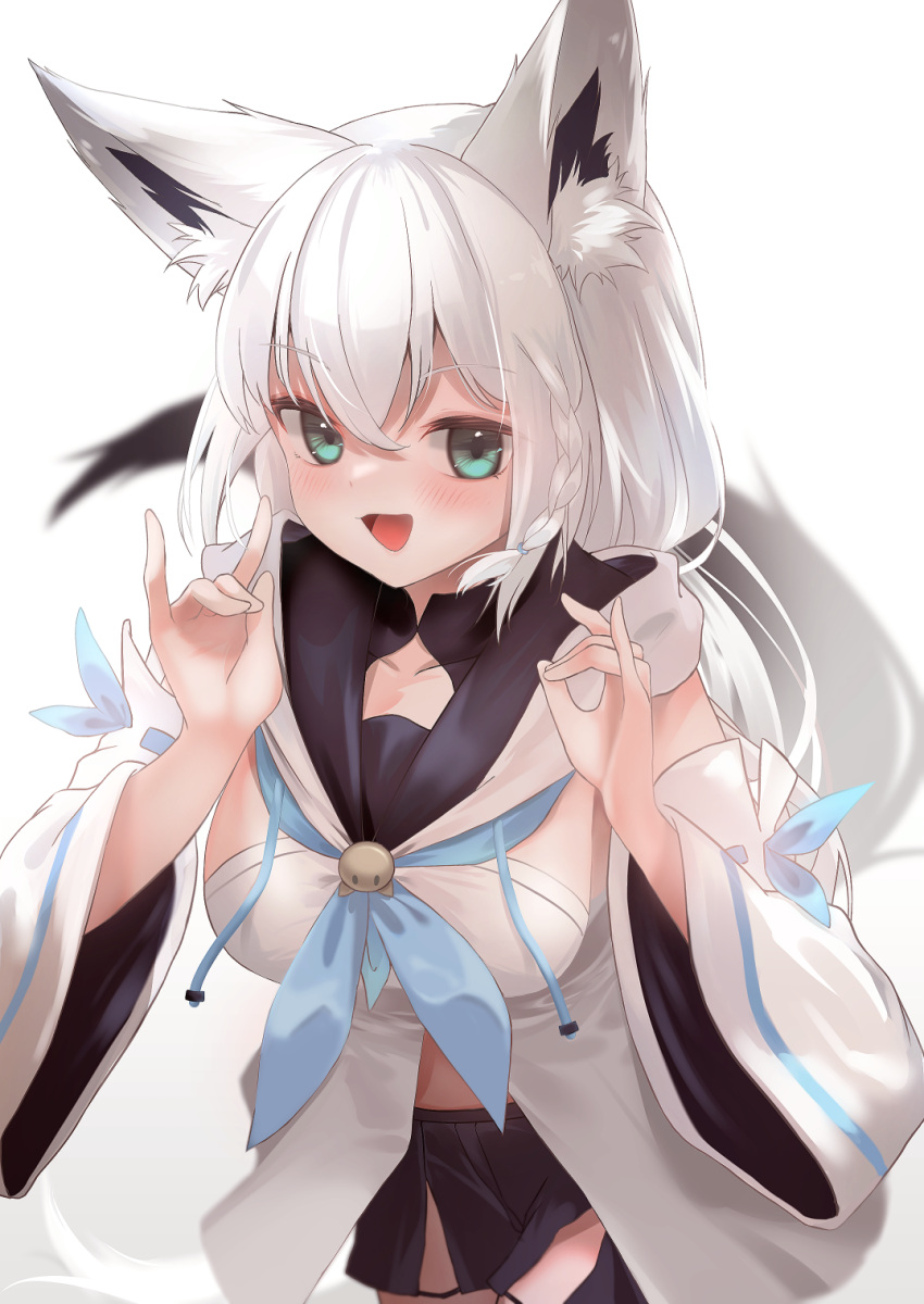 1girl animal_ear_fluff animal_ears bangs black_shorts blue_neckerchief blush braid breasts collarbone commentary detached_sleeves double_fox_shadow_puppet eyebrows_visible_through_hair fox_ears fox_girl fox_shadow_puppet fox_tail green_eyes hair_between_eyes highres hololive hood hoodie long_hair looking_at_viewer medium_breasts miaohik neckerchief open_mouth shirakami_fubuki short_shorts shorts sidelocks simple_background single_braid smile solo tail white_background white_hair white_hoodie