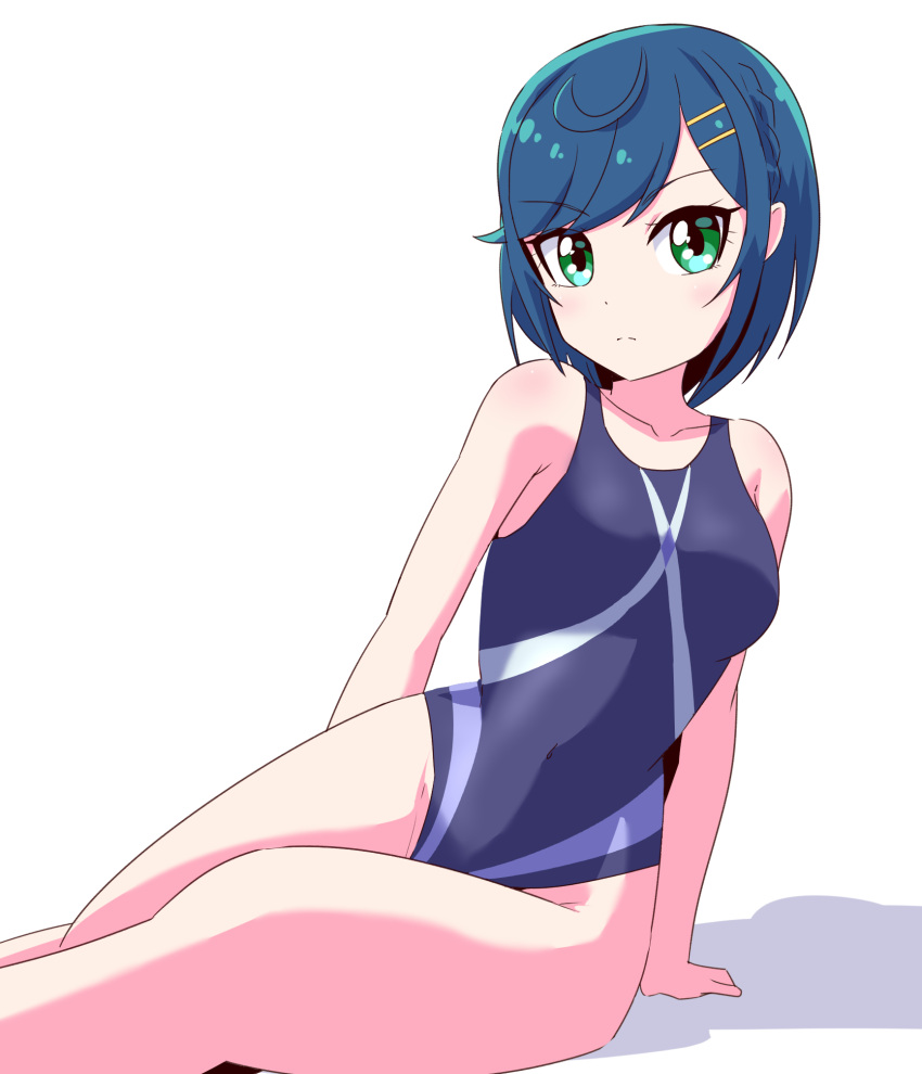 1girl ahoge blue_hair competition_swimsuit delicious_party_precure fumiki_rikiya fuwa_kokone green_eyes grey_swimsuit hair_ornament hairclip highres looking_at_viewer multicolored_clothes multicolored_swimsuit one-piece_swimsuit precure short_hair simple_background sitting solo swimsuit white_background yokozuwari