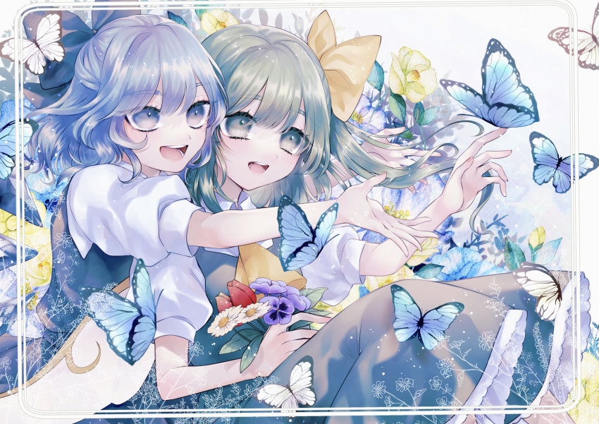 2girls :d absurdres ascot bangs blue_bow blue_butterfly blue_eyes blue_hair blue_skirt blue_vest blush bow bug butterfly cirno commentary commission daisy daiyousei dress eyebrows_visible_through_hair fairy_wings flower framed frilled_dress frills green_dress green_eyes green_hair hair_bow highres holding holding_flower hug hug_from_behind katai_(nekoneko0720) leaf looking_at_animal medium_hair multiple_girls open_mouth pansy puffy_short_sleeves puffy_sleeves purple_flower reaching red_flower shirt short_hair short_sleeves side_ponytail sitting skeb_commission skirt skirt_set smile teeth tongue touhou tulip upper_body vest white_butterfly white_flower white_shirt wings yellow_ascot yellow_bow yellow_flower