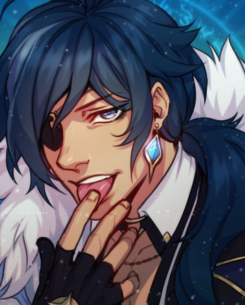 1boy alek_reyes black_gloves blue_background blue_eyes blue_hair collar earrings fingerless_gloves gem genshin_impact gloves highres jewelry kaeya_(genshin_impact) licking licking_finger male_focus necklace open_mouth ponytail signature solo teeth tongue