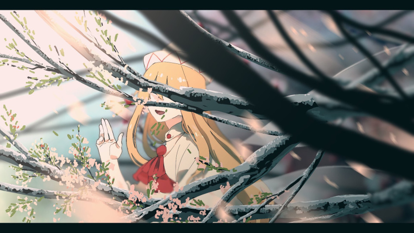 1girl :d ascot blonde_hair branch cherry_blossoms collared_dress commentary dress hand_up hat hidden_eyes highres irohasu_(sasagarasu) leaf letterboxed lily_white long_hair looking_at_viewer open_mouth red_ascot smile solo spring_(season) touhou upper_body waving white_dress white_headwear