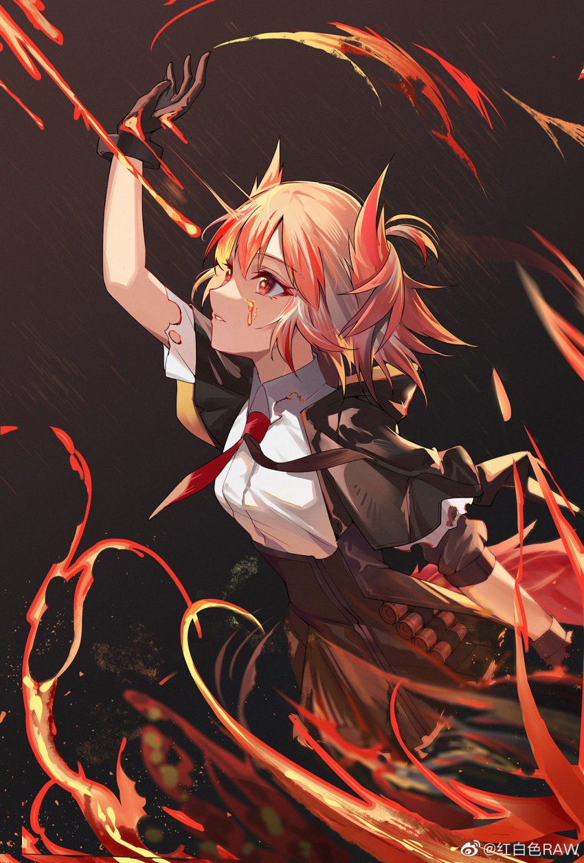 1girl arknights arm_up bangs black_background black_gloves black_jacket black_skirt breasts collared_shirt eyebrows_visible_through_hair feather_hair fiammetta_(arknights) fire gloves high-waist_skirt highres hongbaise_raw jacket looking_up medium_breasts necktie open_clothes open_jacket parted_lips red_eyes red_necktie redhead shirt short_hair short_sleeves simple_background skirt solo torn_clothes white_shirt