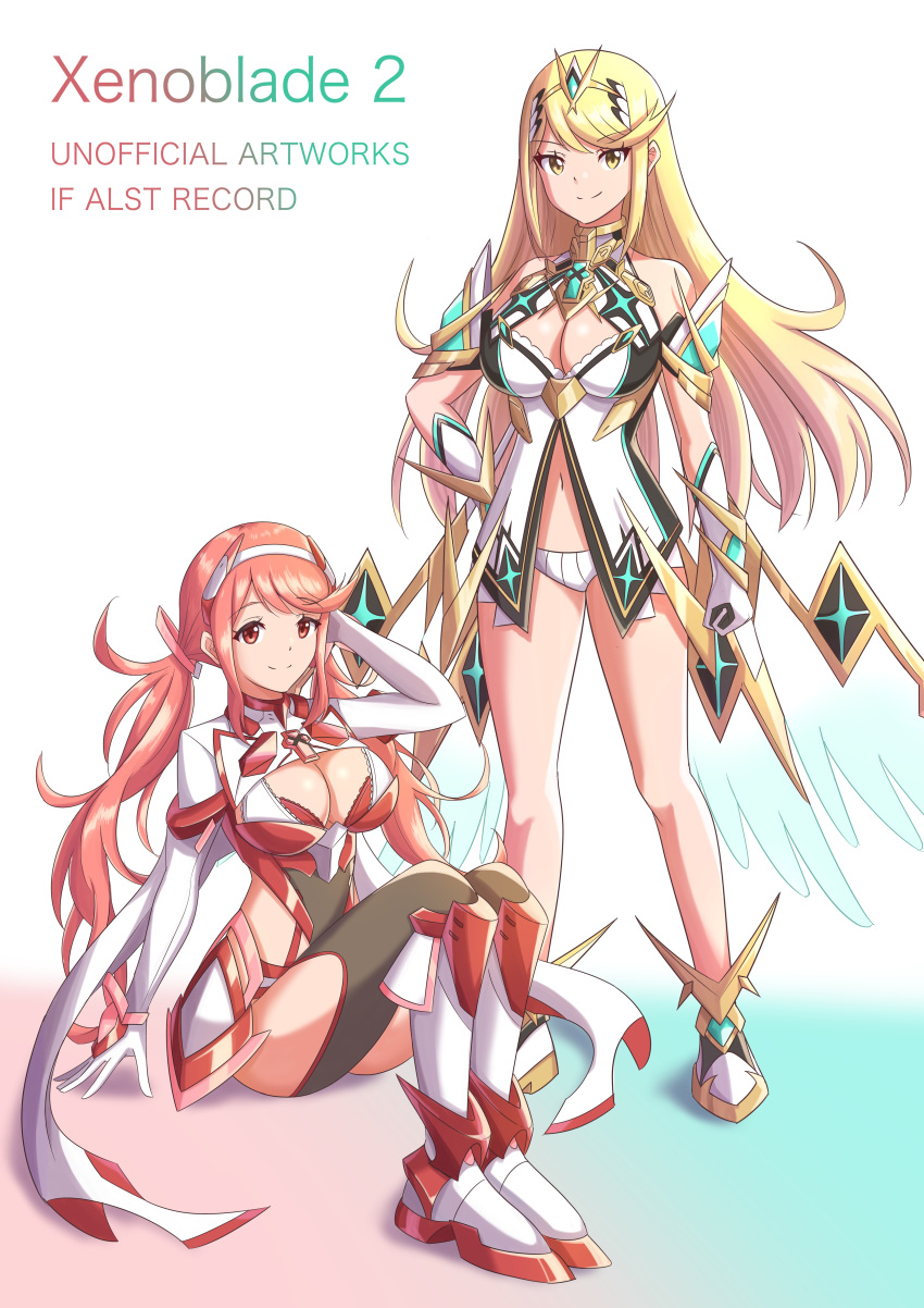 2girls absurdres bangs bare_legs blonde_hair breasts chest_jewel cleavage_cutout clothing_cutout dress earrings headpiece highres jewelry large_breasts long_hair multiple_girls mythra_(xenoblade) mythra_(xenoblade)_(prototype) prototype pyra_(xenoblade) pyra_(xenoblade)_(prototype) ryochan96154 short_dress swept_bangs tiara very_long_hair waist_cutout xenoblade_chronicles_(series) xenoblade_chronicles_2 yellow_eyes