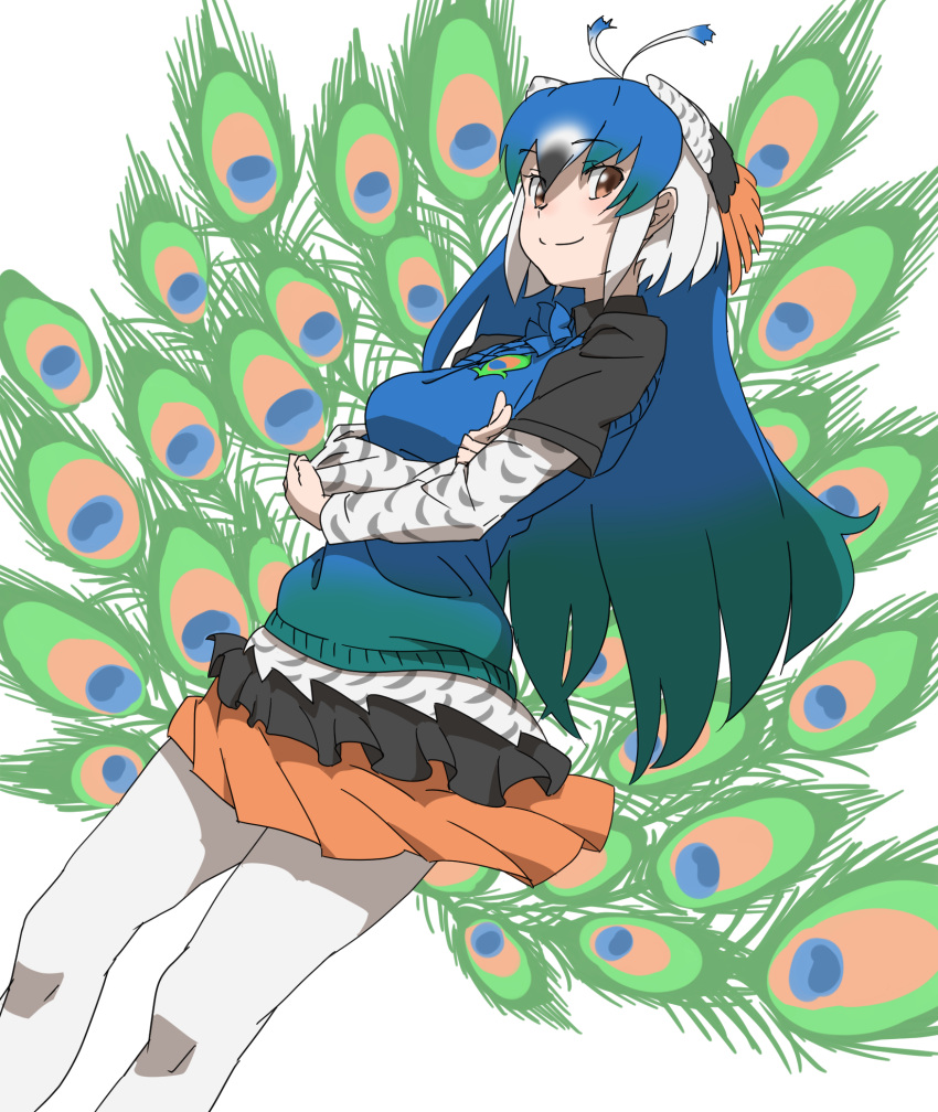 1girl antenna_hair bangs blue_hair brown_eyes commentary eyebrows_visible_through_hair gradient_hair green_hair hair_between_eyes head_wings highres kemono_friends layered_skirt layered_sleeves long_hair long_sleeves multicolored_hair peacock_feathers peafowl_(kemono_friends) short_over_long_sleeves short_sleeves simple_background skirt smile solo tanabe_(fueisei) white_background white_hair