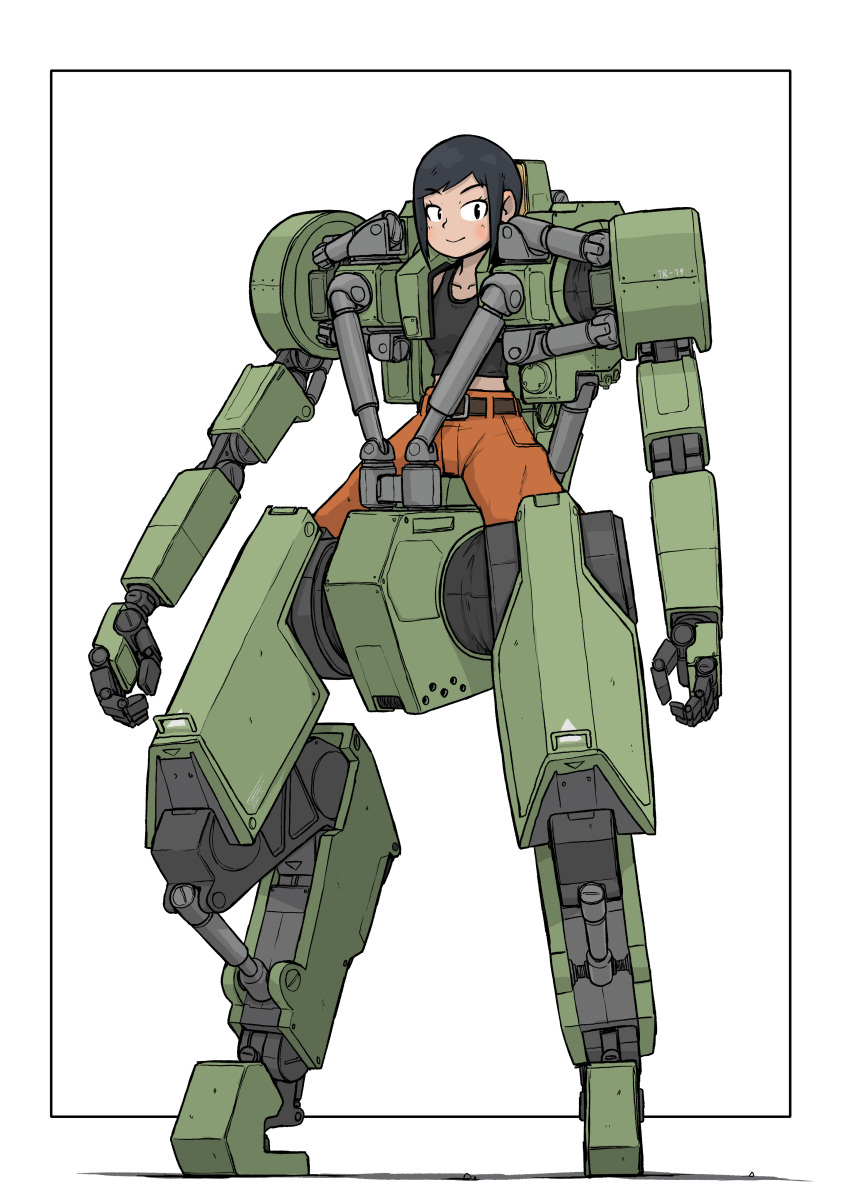 1girl absurdres black_border black_hair black_tank_top border breasts collarbone exoskeleton hair_behind_ear highres looking_to_the_side mecha medium_breasts noma_(noma364) open_hands orange_pants original outside_border pants piston science_fiction smile solo standing tank_top v-shaped_eyebrows white_background