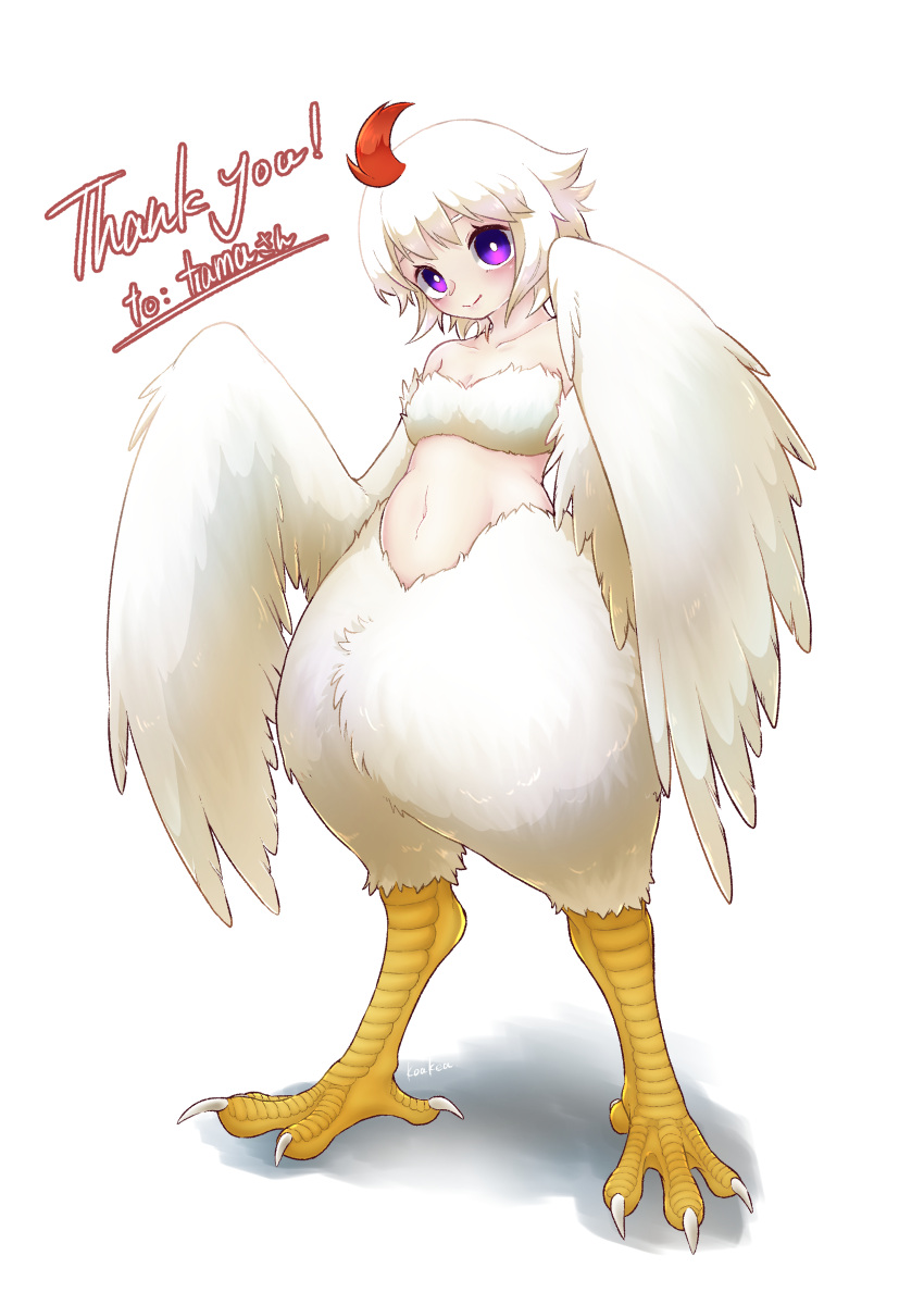 1girl absurdres ahoge bare_shoulders bird_legs breasts commentary_request commission feathered_wings harpy highres kanakolu_umi midriff monster_girl navel original redhead shadow short_hair skeb_commission small_breasts solo talons thank_you violet_eyes white_feathers white_hair white_wings winged_arms wings