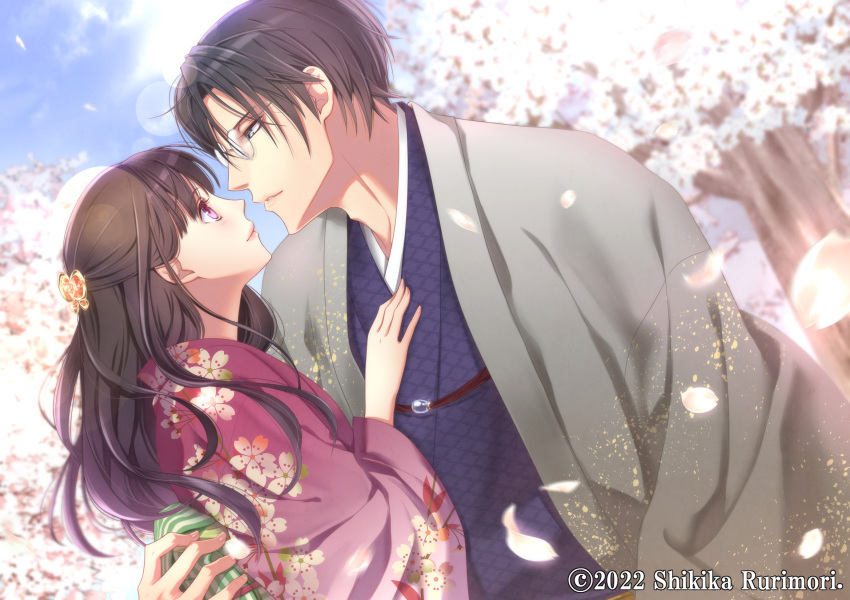 1boy 1girl artist_name black_hair butterfly_hair_ornament cherry_blossoms couple day eye_contact floral_print glasses hair_ornament haori hetero highres izumi_(stardustalone) japanese_clothes kimono lens_flare long_hair looking_at_another original outdoors watermark