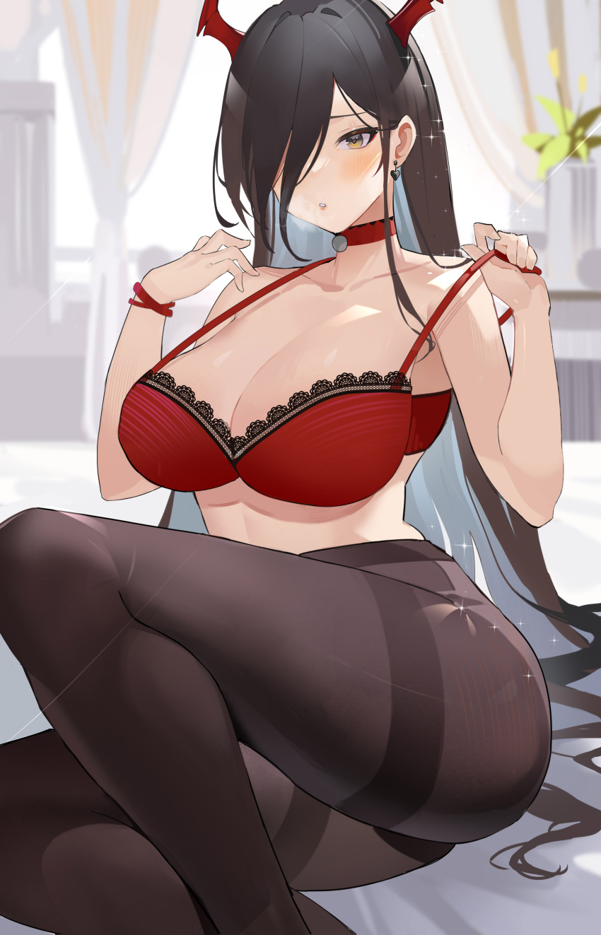 1girl absurdres azur_lane black_eyes black_hair black_legwear blush bra breasts breath choker curtains earrings feet_out_of_frame friedrich_der_grosse_(azur_lane) gradient_eyes hair_over_one_eye heart heart-shaped_pupils heart_earrings highres horns jewelry lace-trimmed_bra lace_trim large_breasts long_hair multicolored_eyes no_pants pantyhose parted_lips red_bra red_choker red_horns sitting solo strap_gap symbol-shaped_pupils thighband_pantyhose underwear underwear_only very_long_hair wristband yellow_eyes yoyo_(550098)