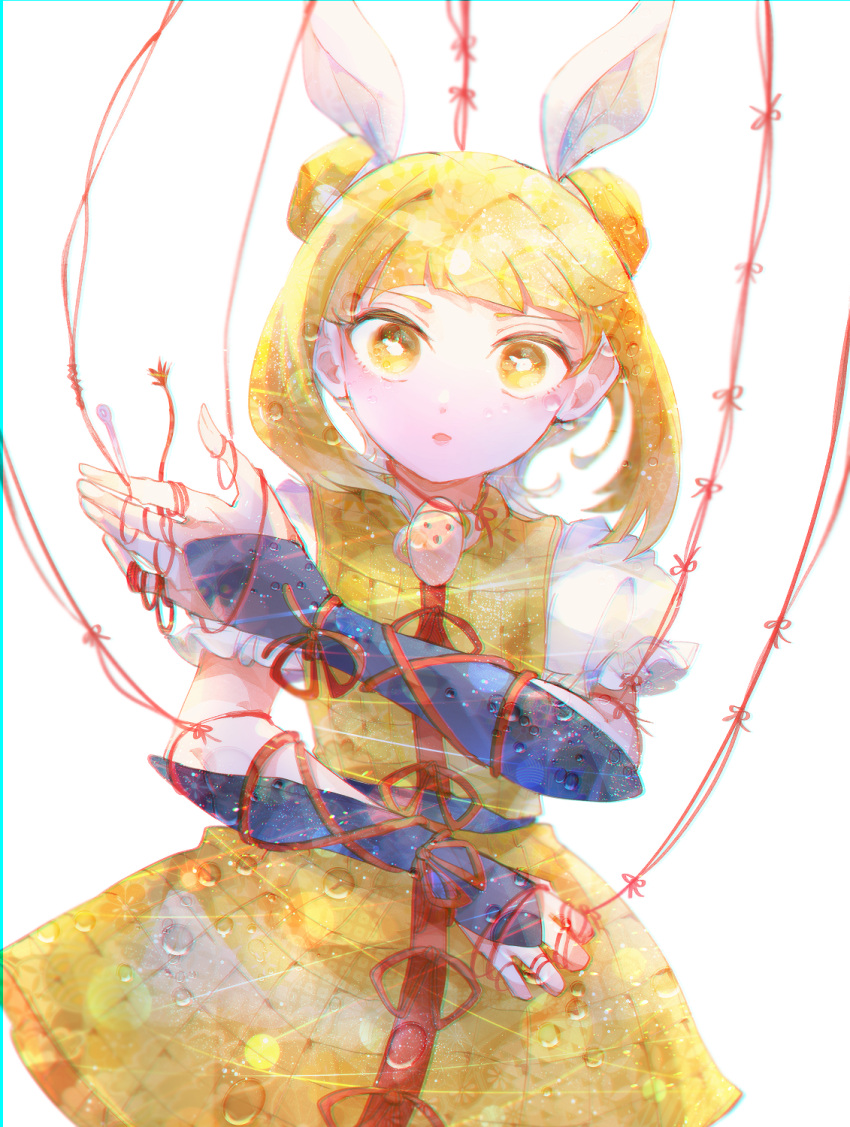 1girl :o armor bangs between_fingers blonde_hair bloom blunt_bangs blurry bright_pupils chromatic_aberration cowboy_shot depth_of_field double_bun dress floating_hair frilled_sleeves frills hair_ribbon hand_up haniwa_(statue) highres holding holding_needle itomugi-kun joutouguu_mayumi looking_at_viewer needle parted_lips puffy_short_sleeves puffy_sleeves ribbon sewing_needle short_hair short_sleeves sidelocks solo staring straight-on string string_of_fate touhou vambraces vignetting water_drop white_background white_pupils white_ribbon yellow_dress yellow_eyes yellow_theme