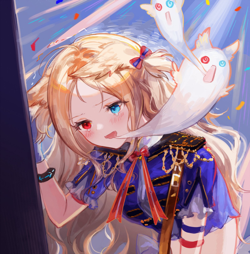1girl against_wall animal_ear_fluff archetto_(arknights) archetto_(publicity_strategy)_(arknights) arknights bangs blue_background blue_eyes blush bow bowtie bracelet confetti crop_top crying crying_with_eyes_open ears_down forehead ghost giving_up_the_ghost hair_bow highres infection_monitor_(arknights) jewelry leaning_forward light_rays official_alternate_costume one_side_up parted_bangs red_bow red_bowtie red_eyes short_sleeves solo spacelongcat tears upper_body