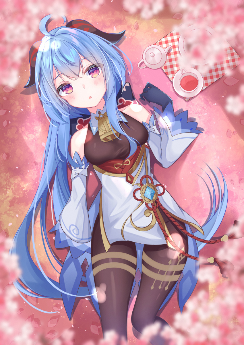 1girl :o absurdres ahoge alternate_hairstyle bangs bare_shoulders bell black_legwear blue_gloves blue_hair blush bow breasts cherry_blossoms chinese_knot cup detached_sleeves eyebrows_visible_through_hair flower_knot ganyu_(genshin_impact) genshin_impact gloves gold_trim highres horns long_hair looking_at_viewer lying medium_breasts nayuuchan neck_bell on_back parted_lips pelvic_curtain red_rope rope sidelocks solo tassel tea thighlet thighs violet_eyes vision_(genshin_impact) waist_cape white_sleeves wide_sleeves