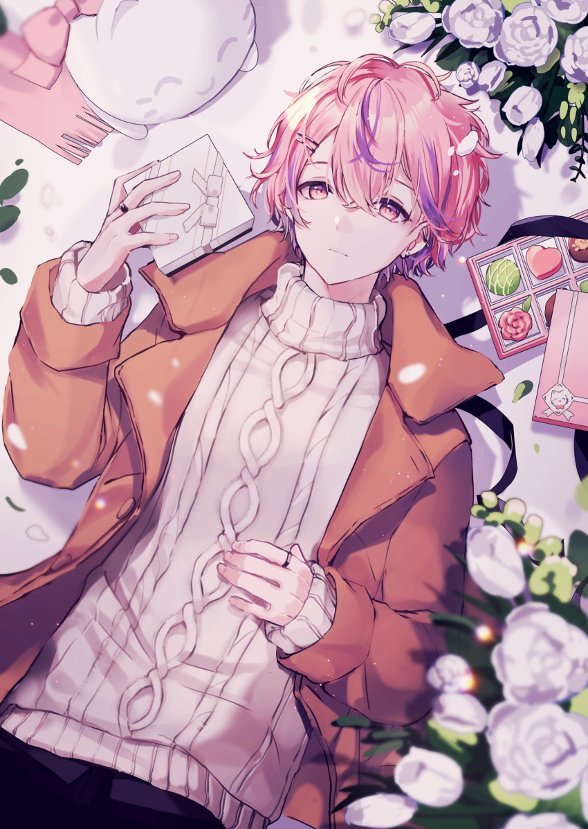 1boy bangs beryl_(blueberylpie) chocolate coat fingernails flower gift hair_between_eyes highres jewelry long_sleeves male_focus niconico nqrse pink_eyes pink_hair plant ring rose second-party_source short_hair snow solo sweater utaite_(singer)