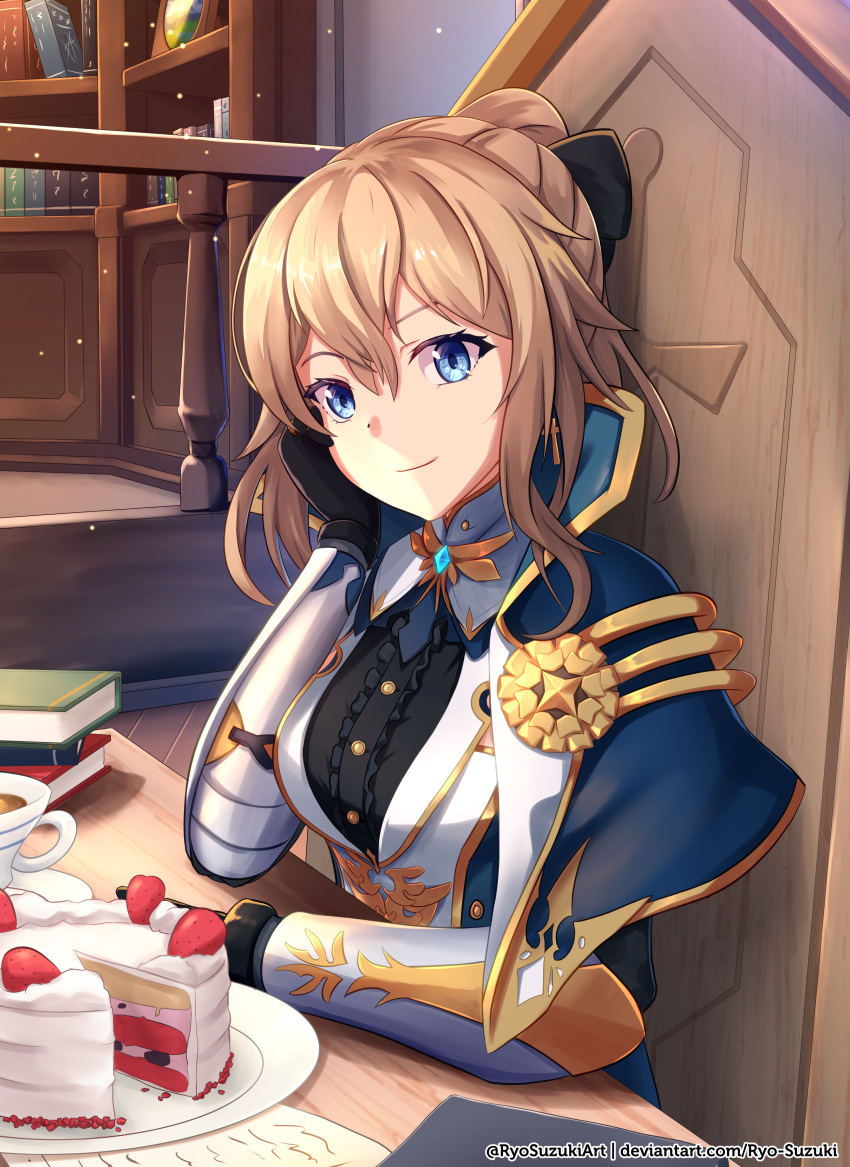 1girl absurdres arm_guards arms_on_table black_bow black_gloves black_shirt blonde_hair blue_capelet blue_eyes bow cake capelet coffee coffee_cup cup disposable_cup elbow_rest food fruit genshin_impact gloves hair_between_eyes hair_bow head_rest highres jean_(genshin_impact) jean_(gunnhildr's_legacy)_(genshin_impact) long_hair looking_at_viewer office official_alternate_costume on_chair ponytail ryo-suzuki shirt sitting smile solo strawberry