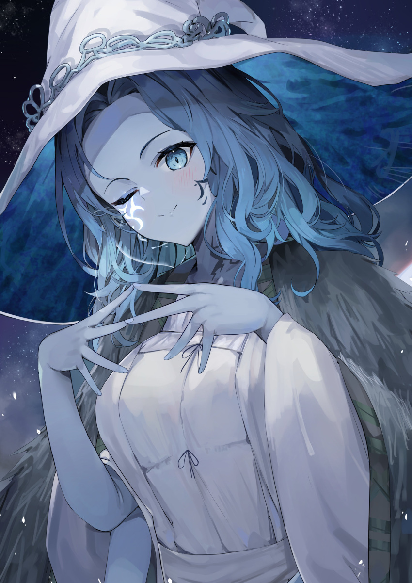 1girl absurdres blue_eyes blush breasts closed_mouth dress dutch_angle elden_ring extra_arms facial_tattoo fingers_together hat highres kuroshiro_kanae large_breasts long_sleeves looking_at_viewer one_eye_closed ranni_the_witch smile solo tattoo upper_body white_dress wide_sleeves witch_hat