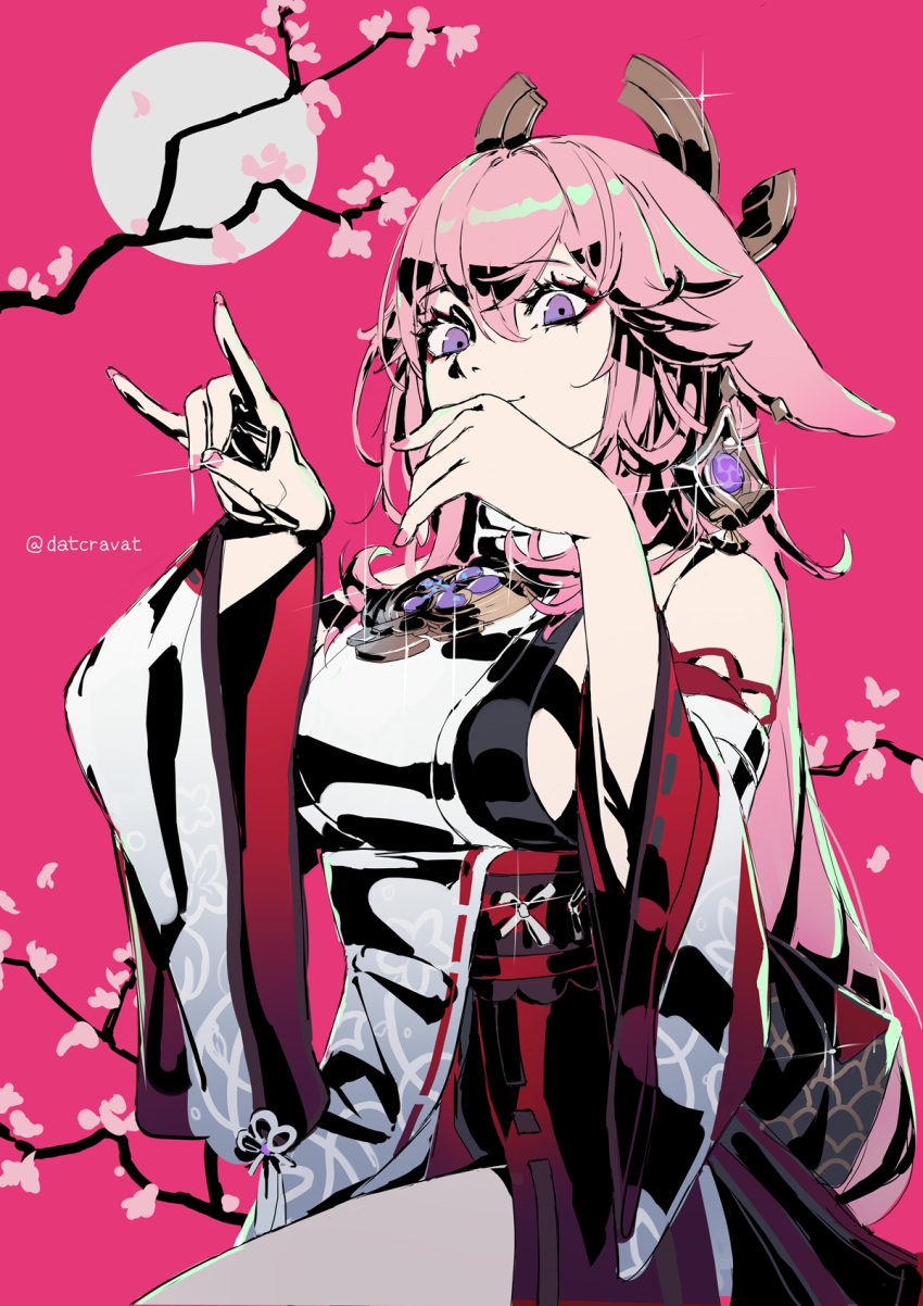 1girl animal_ears arms_up bangs bare_shoulders blush branch breasts cherry_blossoms datcravat detached_sleeves fox_ears fox_shadow_puppet genshin_impact hair_between_eyes hair_ornament highres japanese_clothes large_breasts long_hair long_sleeves looking_at_viewer moon nail_polish pink_background pink_hair pink_nails sideboob simple_background smile solo sparkle thighs twitter_username violet_eyes wide_sleeves yae_miko