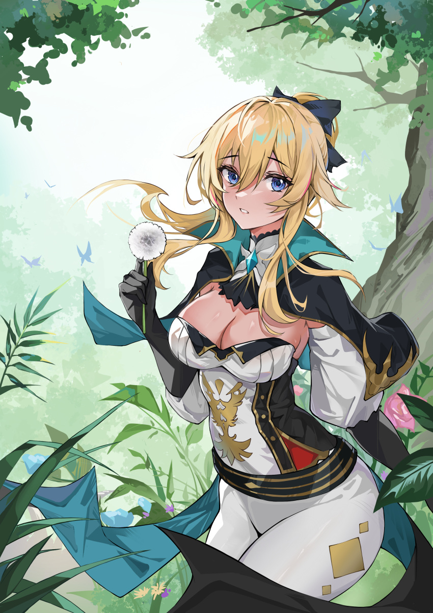 1girl absurdres bangs black_bow black_capelet black_gloves blonde_hair blue_eyes bow breasts capelet chinese_commentary cleavage_cutout clothing_cutout commentary_request cowboy_shot dandelion detached_sleeves eyebrows_visible_through_hair flower genshin_impact gloves hair_between_eyes hair_bow highres holding jean_(genshin_impact) large_breasts long_hair looking_at_viewer pants paradox parted_lips plant shirt solo standing strapless strapless_shirt white_pants