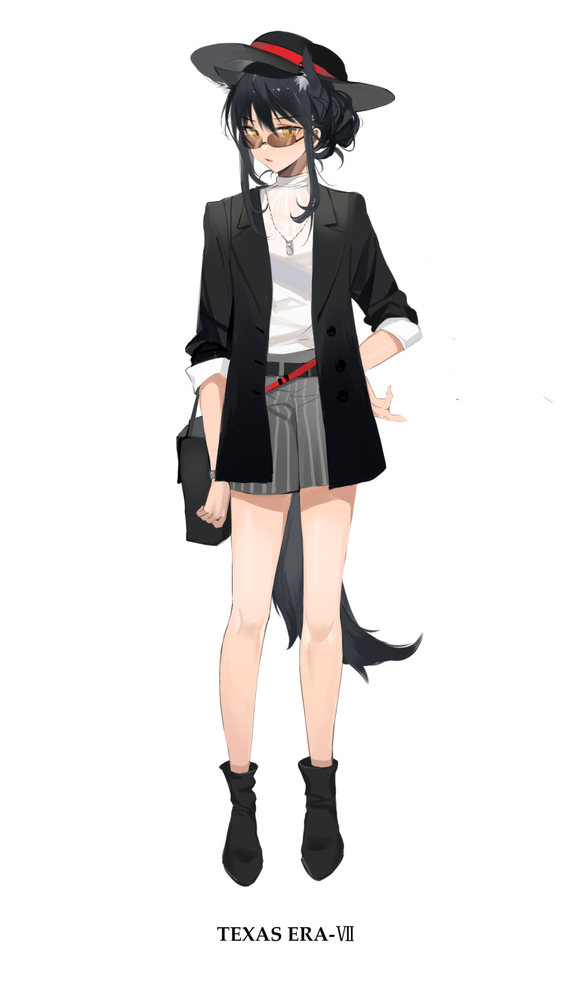 1girl absurdres animal_ears arknights bare_legs belt black_footwear black_hair black_headwear black_jacket commentary ear_piercing extra_ears full_body grey_shorts hair_bun highres jacket jewelry long_hair looking_at_viewer meng_ziya necklace parted_lips piercing shirt shorts simple_background sleeves_rolled_up solo sunglasses tail texas_(arknights) white_background white_shirt wolf_ears wolf_tail yellow_eyes