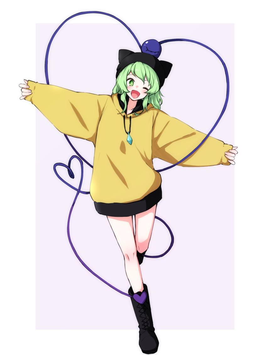 1girl ;d alternate_costume ankle_boots bangs black_footwear black_headwear black_skirt boots border casual commentary_request contemporary cross-laced_footwear drawstring eyeball eyebrows_behind_hair full_body green_eyes green_hair hat heart heart_of_string highres hood hood_down hoodie kameyan komeiji_koishi long_sleeves looking_at_viewer medium_hair miniskirt one_eye_closed open_mouth outstretched_arms purple_background sidelocks skirt sleeves_past_wrists smile solo spread_arms standing standing_on_one_leg third_eye touhou white_border wide_sleeves yellow_hoodie