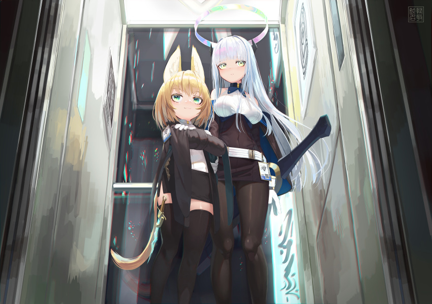 2girls animal_ear_fluff animal_ears bangs black_jacket black_skirt blonde_hair breasts closed_mouth collared_shirt commentary_request covered_navel crossed_arms dagger eyebrows_visible_through_hair gloves green_eyes halo highres horns indoors jacket knife long_hair long_sleeves medium_breasts multiple_girls natori_youkai original shirt silver_hair skirt smile standing sword tail very_long_hair weapon white_gloves white_shirt