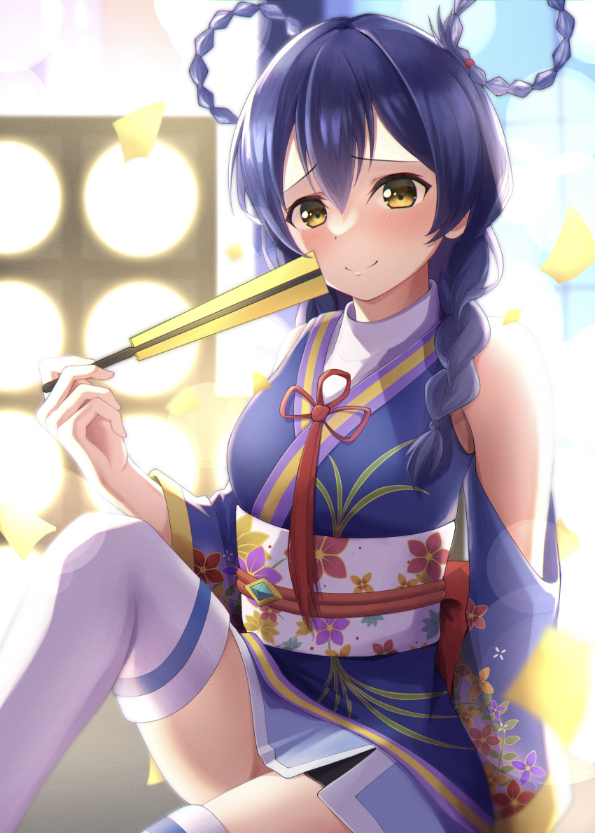 1girl absurdres bangs blue_hair blue_kimono braid detached_sleeves floral_print flower_knot folding_fan hair_between_eyes hair_rings hand_fan highres holding holding_fan japanese_clothes kimono long_hair looking_at_viewer love_live! love_live!_school_idol_project obijime samesuke_(315samesuke) sash sitting smile solo sonoda_umi thigh-highs twin_braids white_legwear yellow_eyes