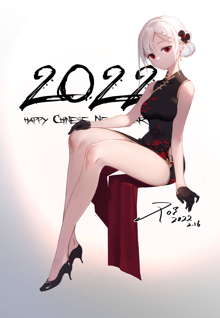 1girl 2022 absurdres black_poi china_dress chinese_clothes chinese_new_year dress flower girls_frontline gloves hair_flower hair_ornament happy_new_year high_heels highres kar98k_(girls'_frontline) red_eyes solo white_background white_hair