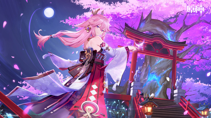 1girl animal_ears back bare_shoulders black_bow bow cherry_blossoms criin detached_sleeves earrings floating_hair fox_ears from_behind full_moon genshin_impact hair_ornament highres japanese_clothes jewelry kimono long_hair long_sleeves looking_at_viewer looking_back moon night obi official_art outdoors pink_hair sash solo standing torii tree very_long_hair violet_eyes wide_sleeves wind yae_miko