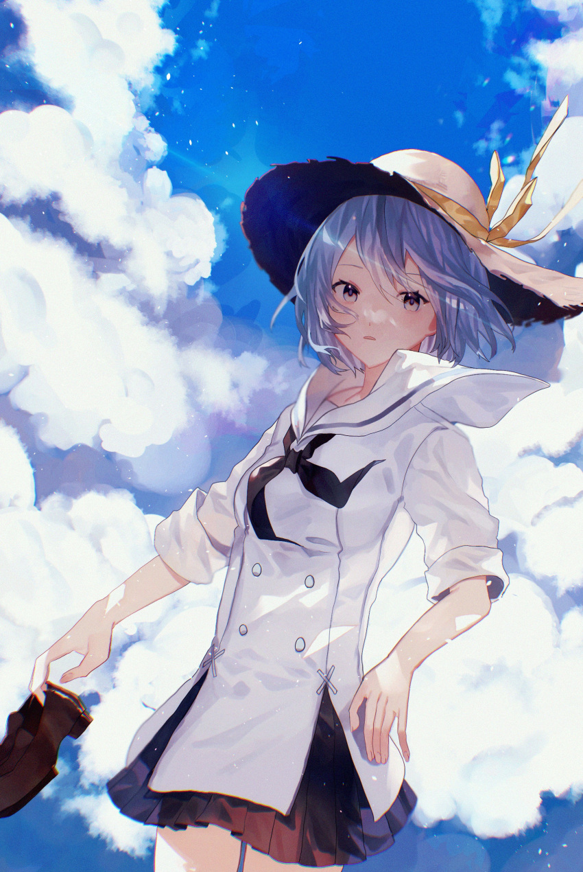 1girl absurdres bangs black_neckerchief black_skirt blue_eyes blue_hair blue_sky breasts brown_footwear clouds cloudy_sky cowboy_shot dutch_angle hair_between_eyes hat hat_ribbon highres holding holding_clothes holding_footwear iwai_ku_tsuki light_rays looking_at_viewer neckerchief open_mouth original outdoors pleated_skirt ribbon sailor_collar short_hair skirt sky sleeves_folded_up small_breasts solo white_headwear white_sailor_collar yellow_ribbon
