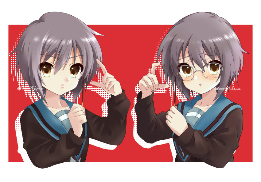 2girls bangs blue_sailor_collar blush brown_cardigan brown_eyes cardigan commentary_request dual_persona embarrassed expressionless eyebrows_visible_through_hair food glasses hair_between_eyes hand_up holding holding_food holding_pocky kita_high_school_uniform kuuma25_kuma long_sleeves looking_at_viewer multiple_girls nagato_yuki open_cardigan open_clothes open_mouth pocky pocky_day purple_hair red_background sailor_collar school_uniform serafuku shiny shiny_hair short_hair suzumiya_haruhi_no_shoushitsu suzumiya_haruhi_no_yuuutsu two-tone_background white_background