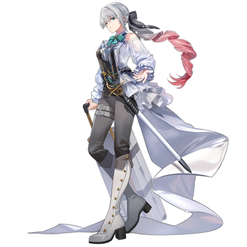 1girl aqua_eyes ascot bangs belt black_belt boots braid breasts closed_mouth drill_ponytail earrings eyebrows_visible_through_hair french_braid full_body girls_frontline grey_hair grey_pants hair_ribbon happy_valentine highres holding holding_case holding_suitcase holstered_weapon jewelry knee_boots long_hair looking_at_viewer luggage lwmmg_(girls'_frontline) lwmmg_(knight_and_protector)_(girls'_frontline) medium_breasts multicolored_hair official_alternate_costume official_art pants rff_(3_percent) ribbon rolling_suitcase sheath simple_background smile solo standing suitcase sword transparent_background valentine weapon white_footwear