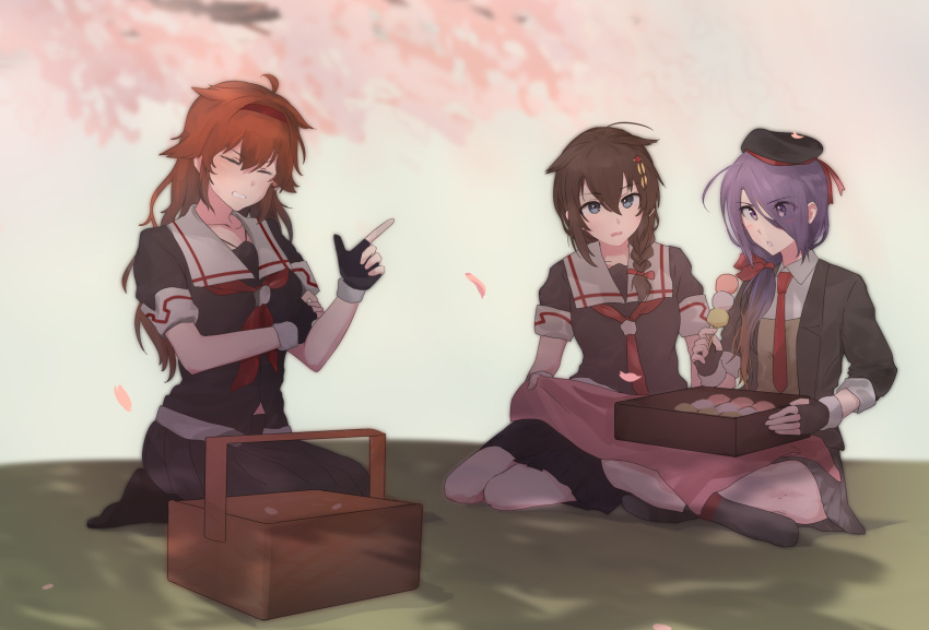 3girls ariake_(kancolle) bangs black_gloves black_headwear black_legwear black_skirt braid cherry_blossoms closed_eyes dango fingerless_gloves food gloves hair_between_eyes hair_flaps hair_ornament hair_over_one_eye hair_ribbon hairband hat highres kantai_collection long_hair multiple_girls neckerchief parted_lips partially_fingerless_gloves petals pleated_skirt purple_hair red_hairband red_neckerchief red_ribbon ribbon sailor_collar saltyfishtigris sanshoku_dango school_uniform serafuku shigure_(kancolle) shigure_kai_ni_(kancolle) shiratsuyu_(kancolle) shiratsuyu_kai_ni_(kancolle) single_braid sitting skirt wagashi white_sailor_collar