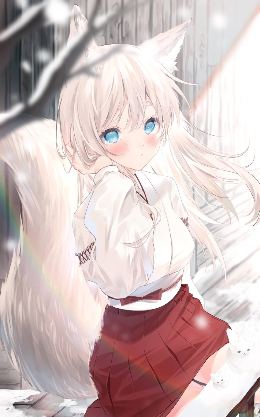 1girl :/ animal_ear_fluff animal_ears bangs bare_tree blue_eyes blurry blurry_foreground blush check_commentary closed_mouth commentary_request day eyebrows_visible_through_hair fox_ears fox_girl fox_tail hair_between_eyes hakama hakama_skirt hand_in_hair hand_up harui_(hr_x9_) highres japanese_clothes kimono lens_flare looking_at_viewer obi original pleated_skirt rabbit sash sitting skirt snow snowing solo sunlight tail thick_eyebrows tree white_hair white_kimono