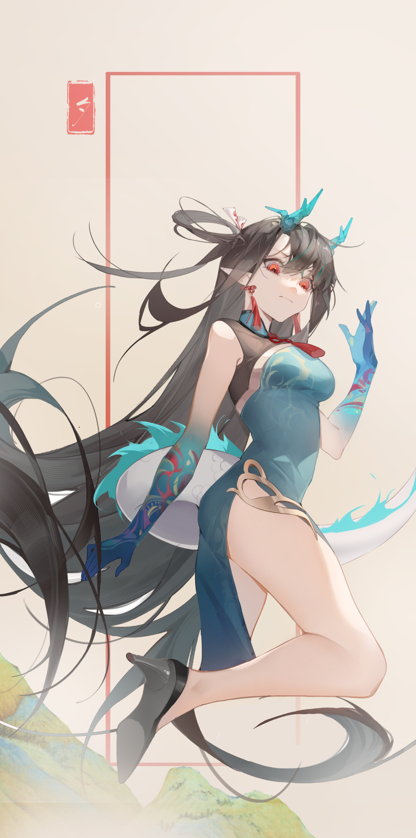 1girl absurdres arknights bare_legs black_footwear black_hair blue_dress blue_skin breasts closed_mouth colored_skin dragon_girl dragon_horns dragon_tail dress dusk_(arknights) dusk_(everything_is_a_miracle)_(arknights) earrings gradient_skin high_heels highres horns jewelry leg_up long_hair looking_at_viewer medium_breasts nidehaogege72450 official_alternate_costume pelvic_curtain pointy_ears red_eyes simple_background sleeveless sleeveless_dress smile solo standing standing_on_one_leg tail tassel tassel_earrings very_long_hair yellow_background