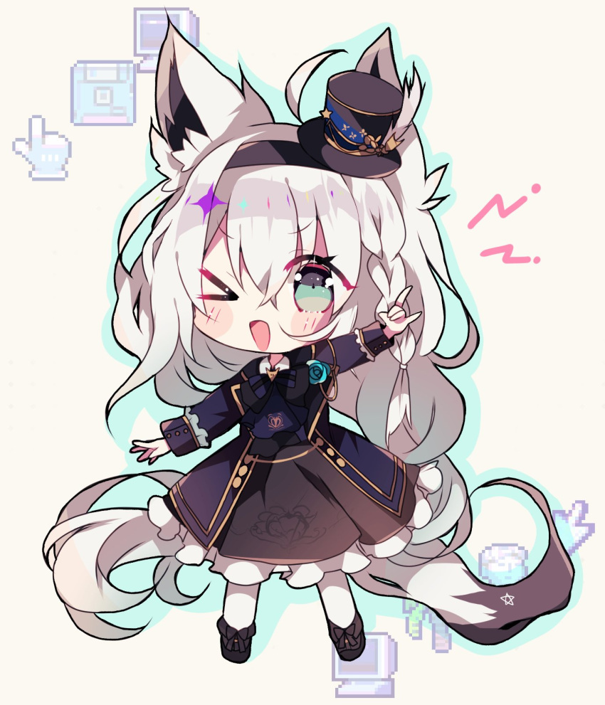 &gt;_o 1girl ahoge animal_ear_fluff animal_ears ascot bangs blue_ascot blue_jacket blush braid chibi commentary_request eyebrows_visible_through_hair fox_ears fox_girl fox_shadow_puppet fox_tail frilled_skirt frills green_eyes grey_skirt hair_between_eyes hairband hat highres himegamik hololive jacket long_hair long_sleeves looking_at_viewer mini_hat one_eye_closed open_clothes open_jacket open_mouth pantyhose pentagram shirakami_fubuki sidelocks single_braid skirt solo tail virtual_youtuber wavy_hair white_hair white_legwear