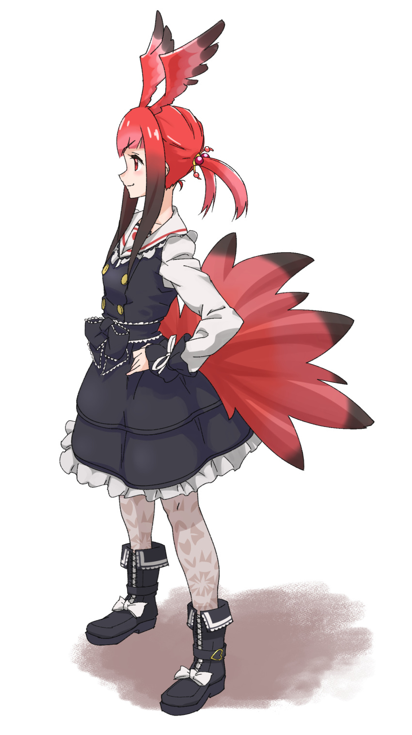 1girl absurdres black_footwear black_hair boots commentary dress eyebrows_visible_through_hair frilled_dress frills full_body gradient_hair hair_bobbles hair_ornament hand_on_hip head_wings highres kemono_friends long_hair long_sleeves looking_away multicolored_hair pantyhose red_eyes redhead scarlet_ibis_(kemono_friends) short_twintails sidelocks simple_background solo standing tail tanabe_(fueisei) twintails white_background