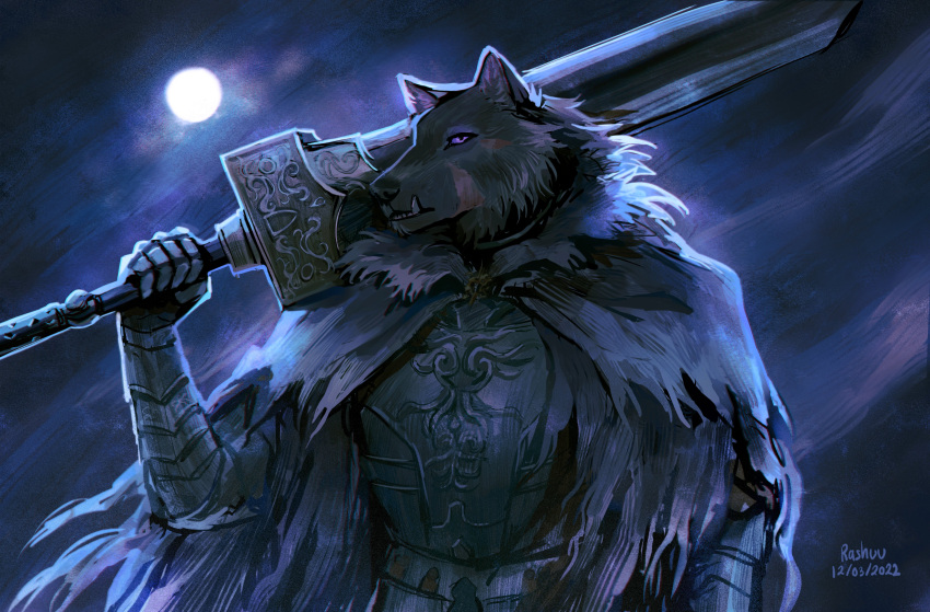 1boy absurdres animal_head armor blaidd_the_half-wolf breastplate cape dated elden_ring full_moon furry furry_male gauntlets highres holding holding_sword holding_weapon looking_at_viewer moon night night_sky outdoors over_shoulder rashuu signature sky solo standing sword tusks violet_eyes weapon weapon_over_shoulder