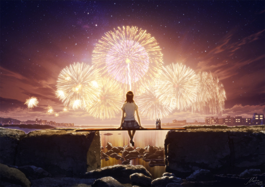 1girl aerial_fireworks black_footwear black_hair bottle clouds commentary_request fireworks from_behind lake long_hair mocha_(cotton) night night_sky original outdoors plaid plaid_skirt rock scenery shirt shoes short_sleeves signature sitting skirt sky skyline socks solo star_(sky) starry_sky water water_bottle white_legwear white_shirt