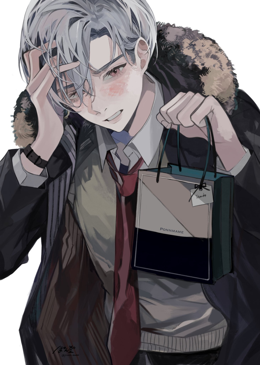 1boy blush candy chocolate commentary english_commentary food gift gift_bag highres holding holding_gift incoming_gift looking_at_viewer male_focus necktie original ponn_mame straight-on upper_body white_chocolate white_day white_hair
