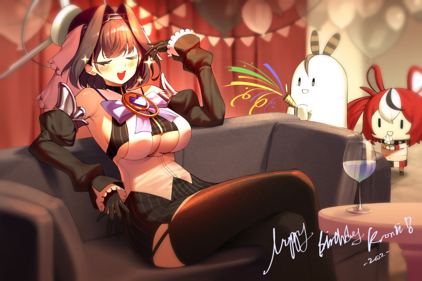 1girl :d absurdres arm_up armpits bare_shoulders birthday black_gloves black_hair black_legwear black_shirt black_skirt blurry breasts closed_eyes couch crossed_legs cup depth_of_field detached_sleeves drinking_glass gloves hakos_baelz highres hololive hololive_english juliet_sleeves large_breasts long_sleeves miniskirt nanashi_mumei ouro_kronii party_popper puffy_sleeves sbgu shirt short_hair sitting skirt sleeveless sleeveless_shirt smile solo thigh-highs under_boob undershirt virtual_youtuber white_shirt wine_glass