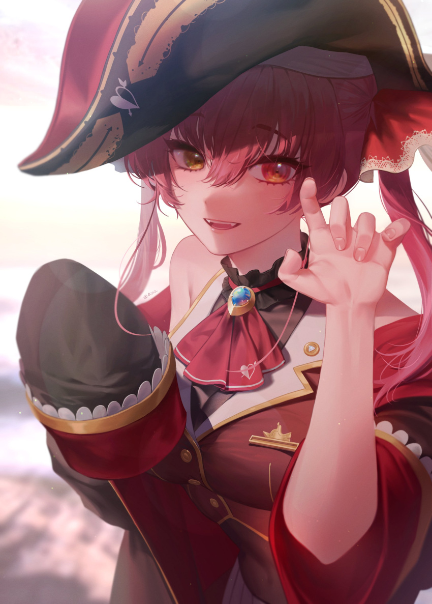1girl absurdres ascot bicorne black_headwear breasts brooch cropped_jacket gold_trim handot_(d_yot_) hat heterochromia highres hololive houshou_marine jacket jewelry leotard leotard_under_clothes off_shoulder parted_lips red_ascot red_eyes red_jacket redhead see-through_leotard sleeveless sleeveless_jacket sleeves_past_wrists teeth tongue twitter_username upper_teeth virtual_youtuber yellow_eyes