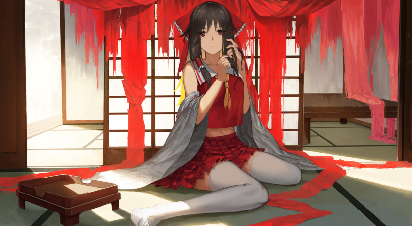 1girl bow brown_hair closed_mouth collarbone commentary danzir detached_sleeves eyebrows_visible_through_hair frilled_bow frilled_hair_tubes frills full_body hair_bow hair_tubes hakurei_reimu hands_up highres indoors light_frown long_hair looking_at_viewer midriff neckerchief on_ground red_bow red_eyes red_skirt red_vest sidelocks sitting skirt skirt_set sliding_doors solo thigh-highs touhou tying_hair vest wariza white_legwear white_sleeves wide_sleeves yellow_neckerchief