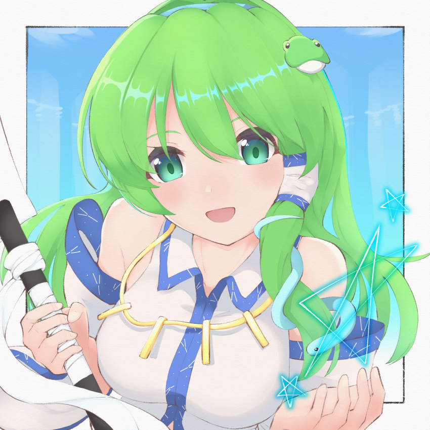 1girl absurdres bangs bare_shoulders blue_hairband border breasts collar collared_vest commentary_request detached_sleeves frog_hair_ornament gbcolor_(naza) gohei green_eyes green_hair hair_ornament hair_tubes hairband happy highres japanese_clothes jewelry kochiya_sanae large_breasts light_blue_background light_blush long_hair looking_at_viewer miko necklace nontraditional_miko oonusa open_mouth ribbon snake_hair_ornament touhou undefined_fantastic_object upper_body very_long_hair vest white_border white_ribbon white_sleeves white_vest wide_sleeves