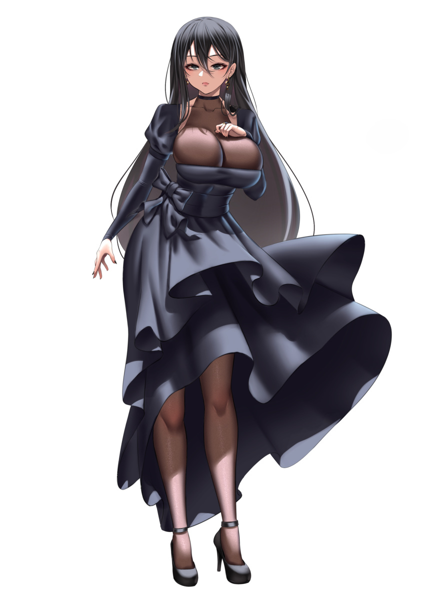 1girl absurdres anima_(togashi) black_bow black_dress black_eyes black_footwear black_hair black_nails bodystocking bow breasts bridal_gauntlets brown_legwear check_commentary cleavage_cutout closed_mouth clothing_cutout commentary commentary_request dress earrings elbow_gloves fingernails full_body gloves hair_between_eyes hand_on_own_chest high_heels highres huge_breasts jewelry lips long_fingernails long_hair looking_at_viewer nail_polish original puffy_short_sleeves puffy_sleeves short_sleeves simple_background solo standing tachi-e very_long_hair white_background