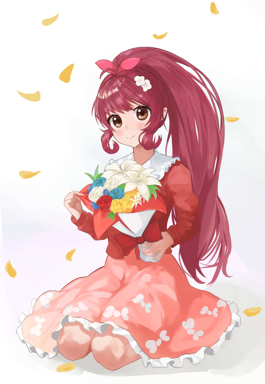 1girl absurdres blue_flower blue_rose bouquet bow brown_hair closed_mouth commentary falling_petals flower full_body hair_bow hair_flower hair_ornament highres holding holding_bouquet keibi_inu long_hair long_sleeves looking_at_viewer petals pink_bow pink_skirt ponytail red_flower red_rose red_shirt redhead rose seiza shirt sitting skirt smile solo sugiura_ayano white_flower yellow_flower yuru_yuri