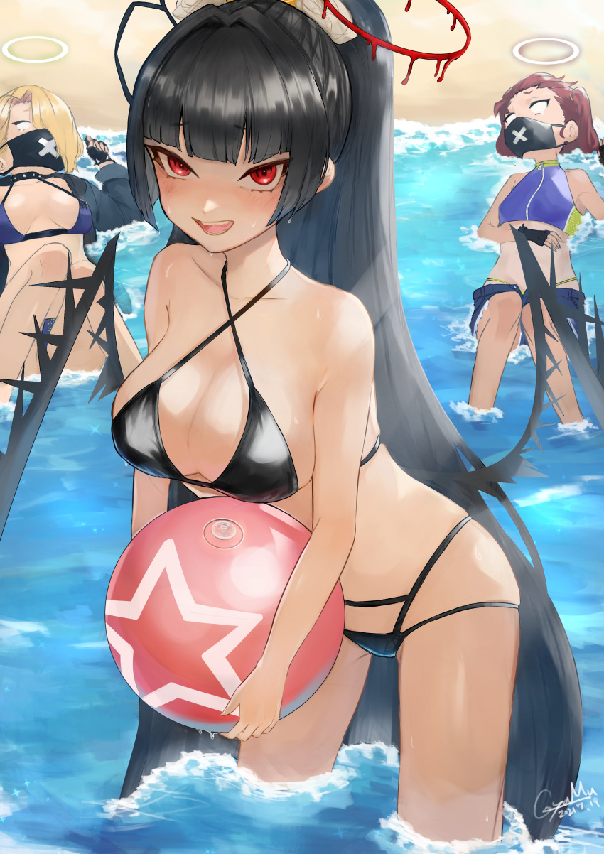 3girls :d absurdres alternate_hairstyle ball bangs beach beachball bikini black_bikini black_gloves black_hair black_mask blonde_hair blue_archive blue_bikini blue_jacket blunt_bangs blush breasts collar fainted fingerless_gloves gloves gyamu_(chewing-gum) hair_over_one_eye hair_slicked_back halo highres holding holding_ball jacket long_hair looking_at_viewer lying mask micro_shorts mouth_mask multiple_girls o_o official_alternate_costume on_back outdoors ponytail red_eyes redhead sand seaside_sukeban_(mg)_(blue_archive) seaside_sukeban_(smg)_(blue_archive) shorts smile studded_collar summer surgical_mask swimsuit tsurugi_(blue_archive) very_long_hair wading water wings