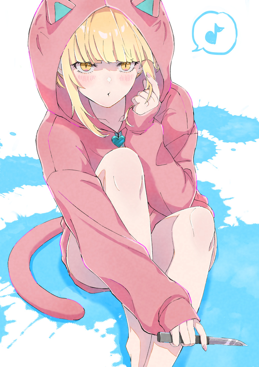 1girl absurdres animal_ears animal_hood bangs bare_legs blonde_hair blunt_bangs blush boku_no_hero_academia cat_ears cat_hood cat_tail collarbone fake_animal_ears fake_tail hair_twirling highres holding holding_knife hood hooded_sweater kiina_(mrnsor) knife long_sleeves musical_note nail_polish pink_nails pink_sweater shiny shiny_hair short_hair_with_long_locks sidelocks sitting sleeves_past_wrists solo speech_bubble spoken_musical_note sweater tail toga_himiko