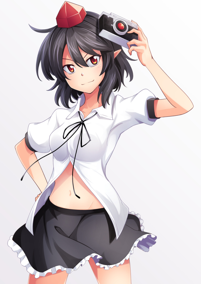 1girl ashiroku_(miracle_hinacle) black_hair black_ribbon black_skirt breasts camera closed_mouth collared_shirt cowboy_shot frilled_skirt frills hand_on_hip hat highres holding holding_camera medium_breasts midriff miniskirt navel partially_unbuttoned pointy_ears puffy_short_sleeves puffy_sleeves red_eyes red_headwear ribbon shameimaru_aya shirt short_hair short_sleeves skirt smile stomach thighs tokin_hat touhou white_shirt