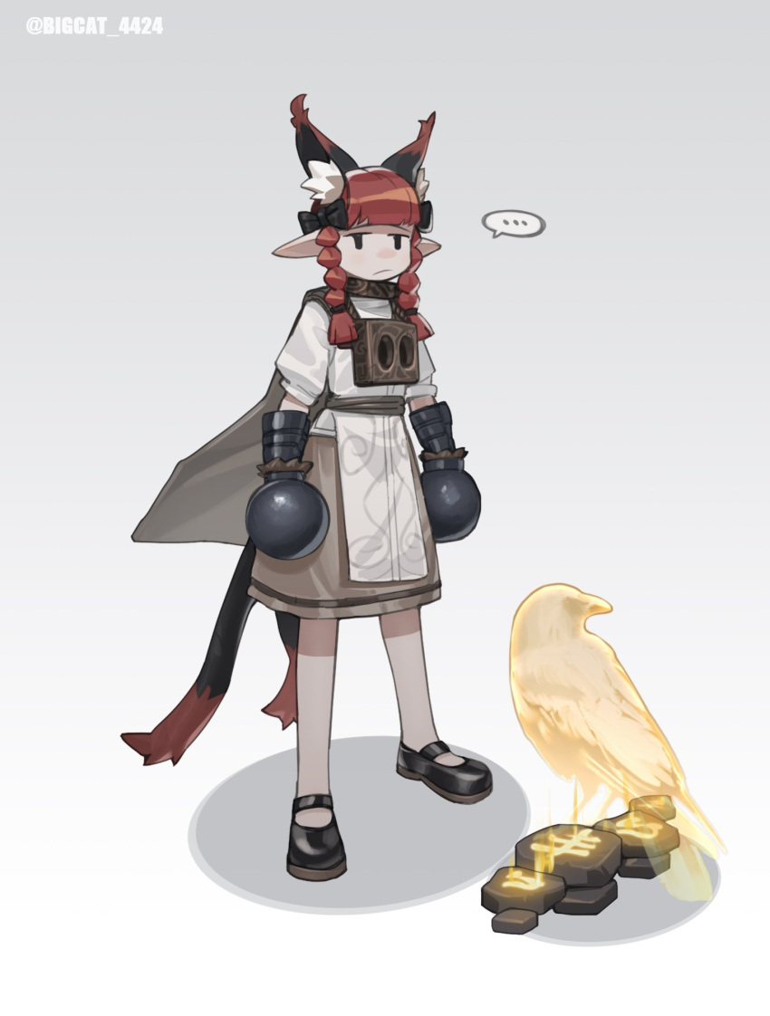 ... 1girl alternate_costume animal_ear_fluff animal_ears bangs bigcat_114514 bird black_bow black_footwear blunt_bangs bow braid cat_ears cat_tail dress eagle extra_ears full_body grey_background hair_bow hair_ribbon highres jitome kaenbyou_rin legs_apart long_hair mary_janes multiple_tails nekomata pointy_ears redhead ribbon shoes simple_background solo spirit spoken_ellipsis standing tail touhou tress_ribbon twin_braids twintails two_tails white_dress