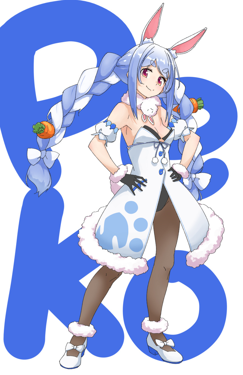 1girl absurdres animal_ear_fluff animal_ears bare_shoulders black_gloves black_legwear black_leotard blue_hair braid breasts carrot_hair_ornament commentary detached_sleeves don-chan_(usada_pekora) dress eyebrows_visible_through_hair food-themed_hair_ornament fur-trimmed_dress fur-trimmed_gloves fur_trim gloves hair_ornament hands_on_hips highres hololive legs_apart leotard leotard_under_clothes long_hair multicolored_hair pantyhose puffy_detached_sleeves puffy_sleeves rabbit_ears red_eyes simple_background small_breasts smile solo standing strapless strapless_dress tanabe_(fueisei) twin_braids two-tone_hair usada_pekora very_long_hair virtual_youtuber white_hair